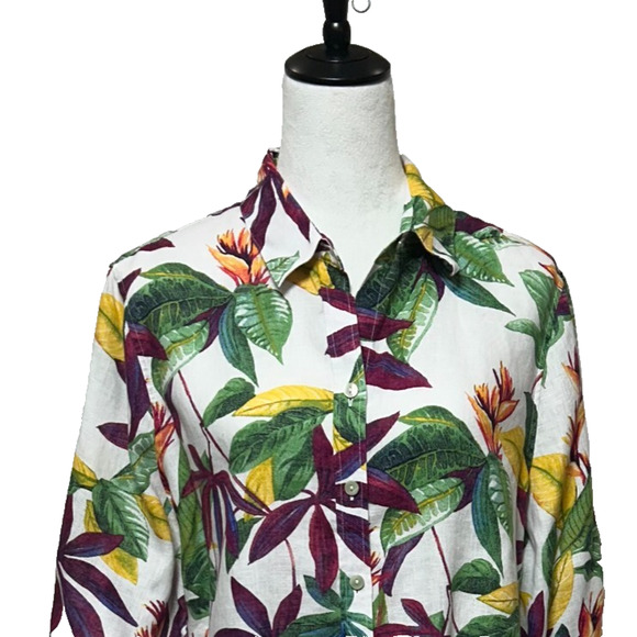 Chicos Top Womens Large 2 White Green Floral Tropical Linen Button Up Beachy - Picture 1 of 9